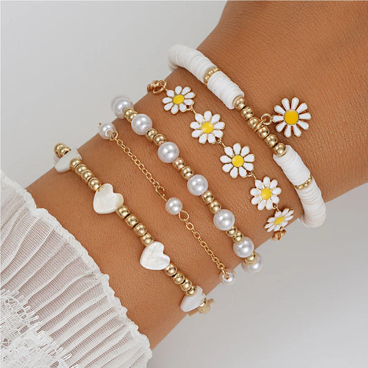 10-Piece Vintage Bohemian Bracelet Set | Daisy Flower Pearl Bangles | USA