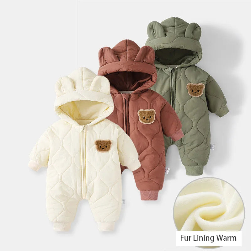 Winter Baby Fur Lining Romper | Warm Toddler Cartoon Bear Jumpsuit | USA