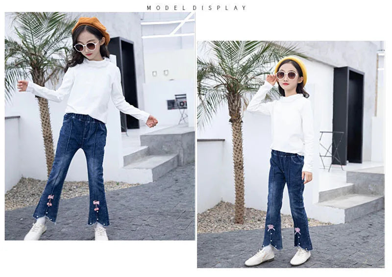 2024 Autumn Elastic Kids Jeans | Girls Cute Bow Denim Flared Pants | Ages 3-12 | USA