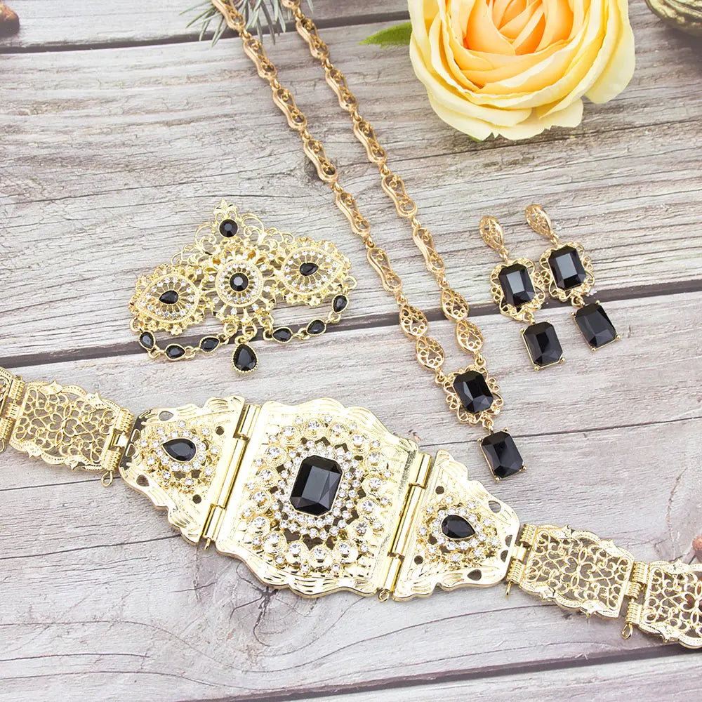Sunspicems Gold Color Crystal Morocco Bride Jewelry Sets For Women Caftan Belt Waist Chain Charm Choker Necklace Square Earrings
