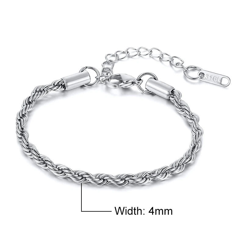 Unisex Rope Chain Bracelet | Stainless Steel Twisted Links | Women Men | USA