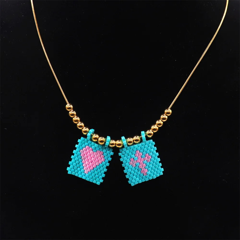 ZHONGVI Miyuki Heart Cross Pendant Necklace | Gold Plated Steel | Worldwide Shipping