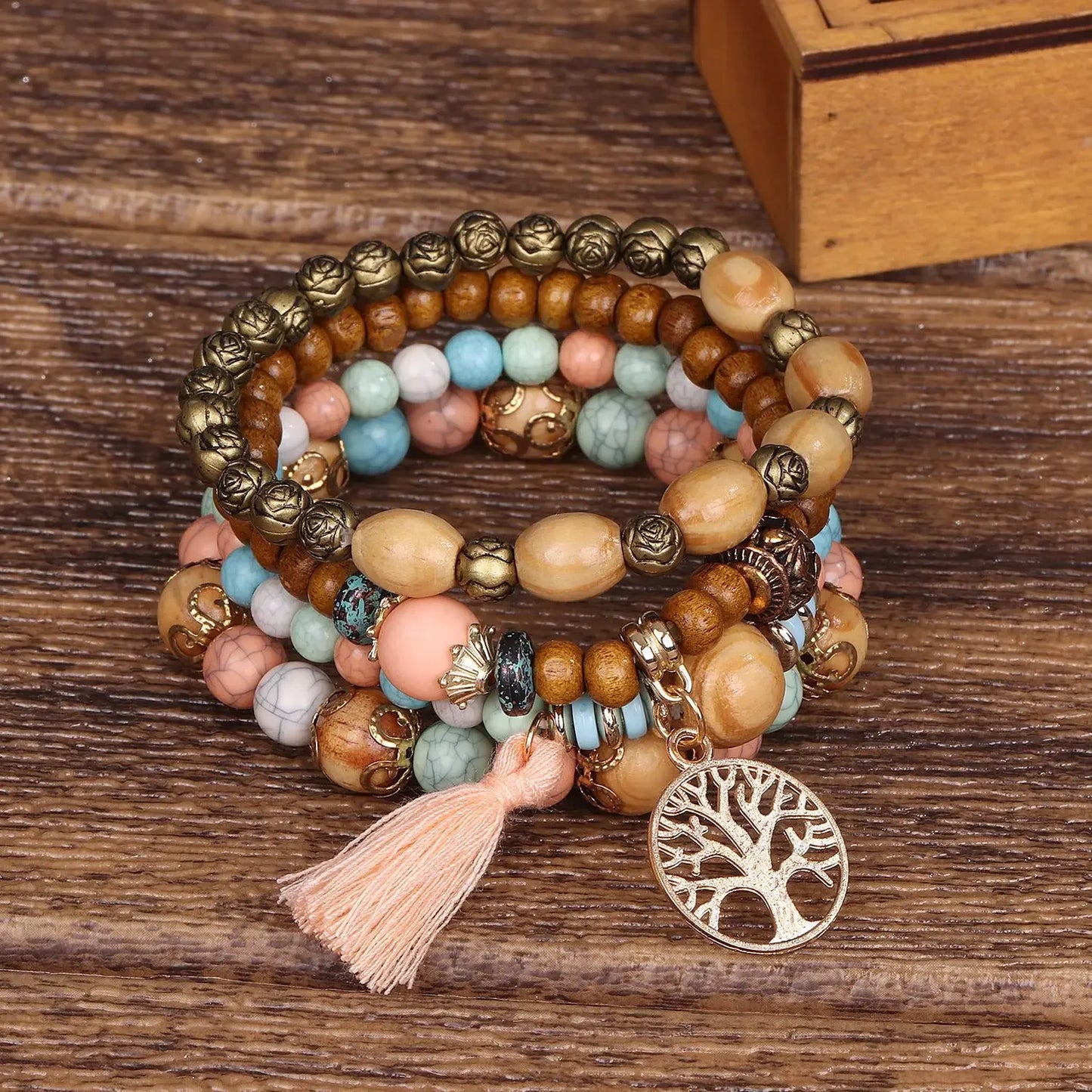 4-Piece Tree of Life Bracelet Set | Wooden Beaded Boho Bangles | USA Australia