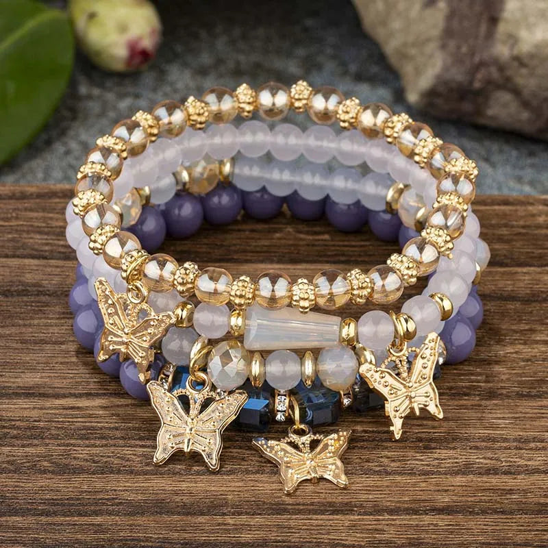 Butterfly Beaded Bracelet Set | 4 Piece Pink Bohemian Stack | USA Australia