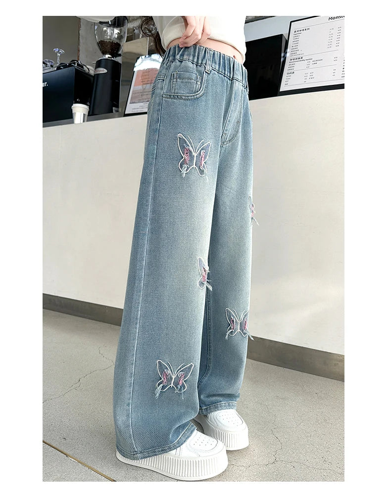 Girls Butterfly Ripped Jeans | Wide-Leg Pants Fashionable Slimming | Kids | USA