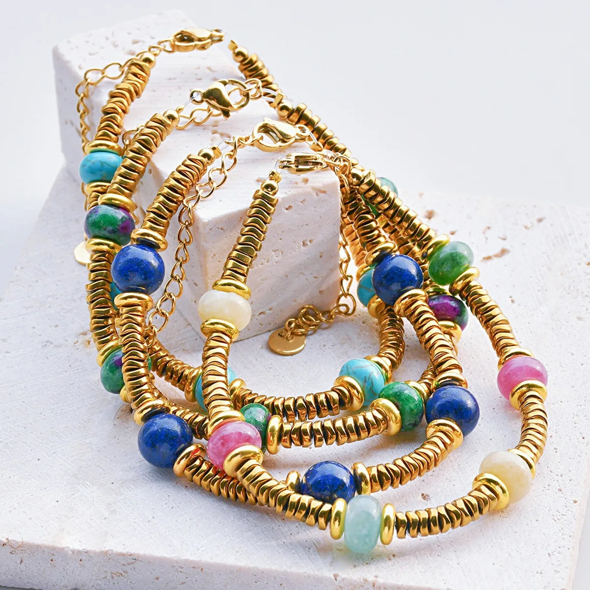 Natural Stone Beaded Bracelet | Colorful Bohemian Gold Chain | Women | USA
