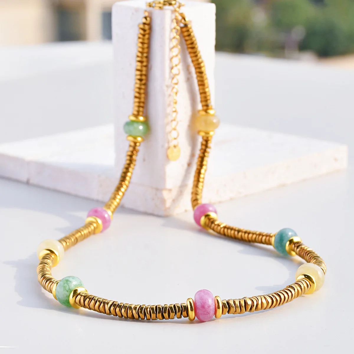 Natural Stone Beaded Bracelet | Colorful Bohemian Gold Chain | Women | USA