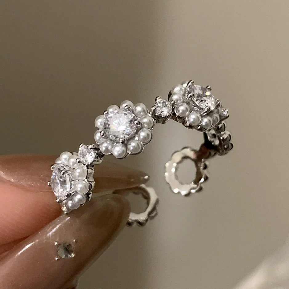 Sterling Silver Flower Lace Ring | CZ Adjustable Korean Fashion | Women | USA
