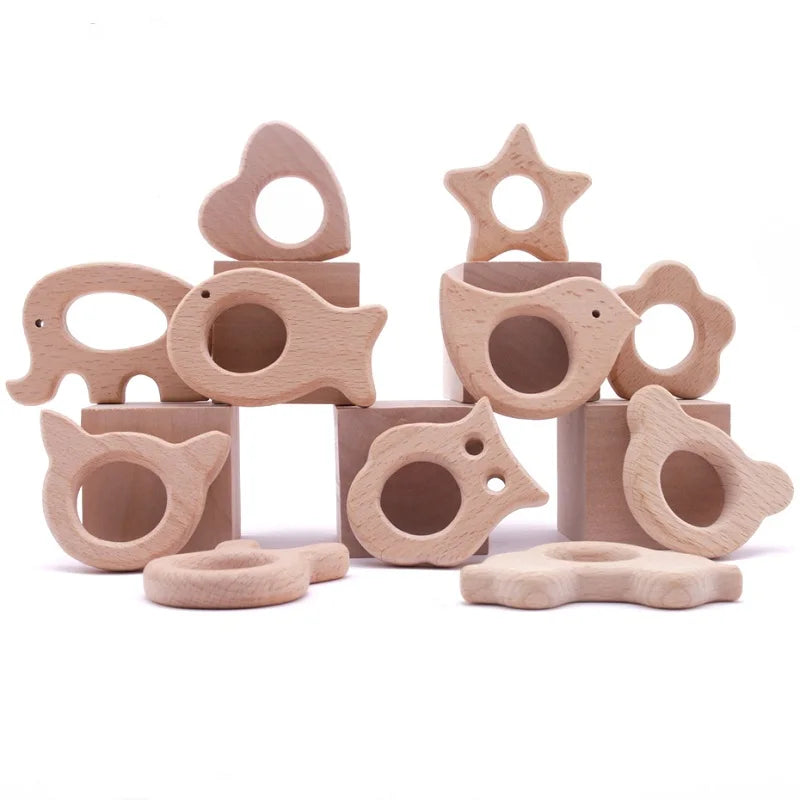 5-Pack Wooden Teether Set | BPA Free Animal Shapes | Hedgehog & Bird | USA