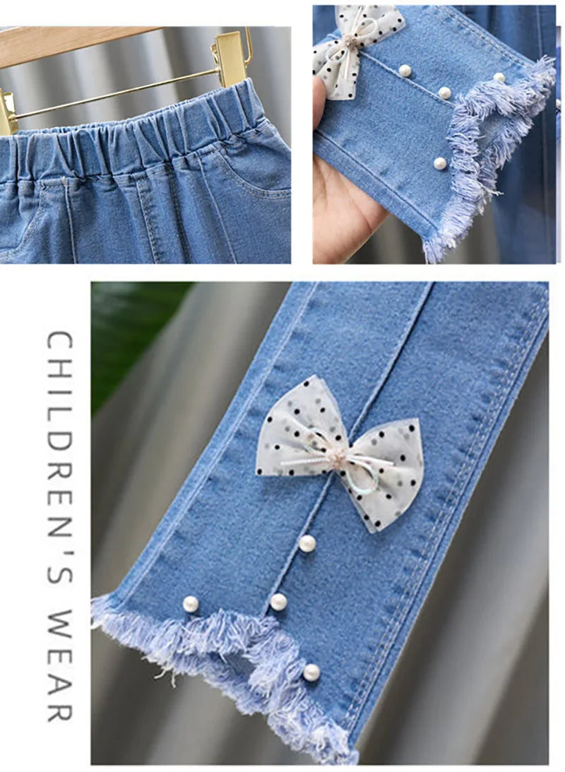 2024 Autumn Elastic Kids Jeans | Girls Cute Bow Denim Flared Pants | Ages 3-12 | USA