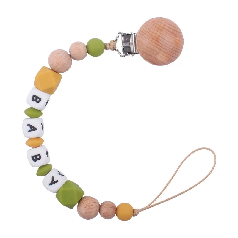 Custom Name Pacifier Holder Chain | Wooden Clip Silicone Teether | USA Australia