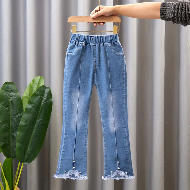 2024 Autumn Elastic Kids Jeans | Girls Cute Bow Denim Flared Pants | Ages 3-12 | USA