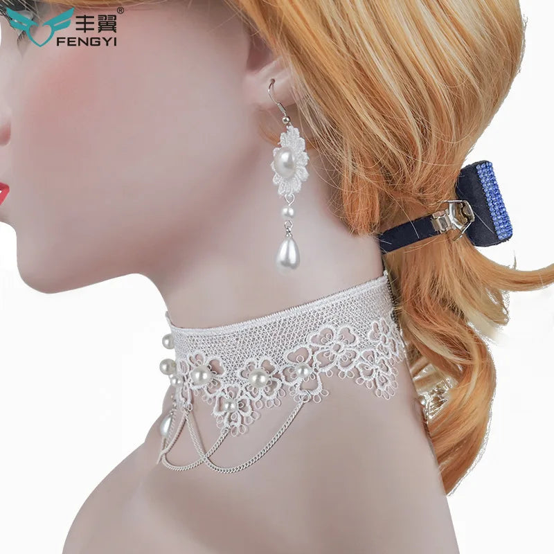 White Pearl Lace Necklace & Earrings Set | Lolita Fashion Accessories