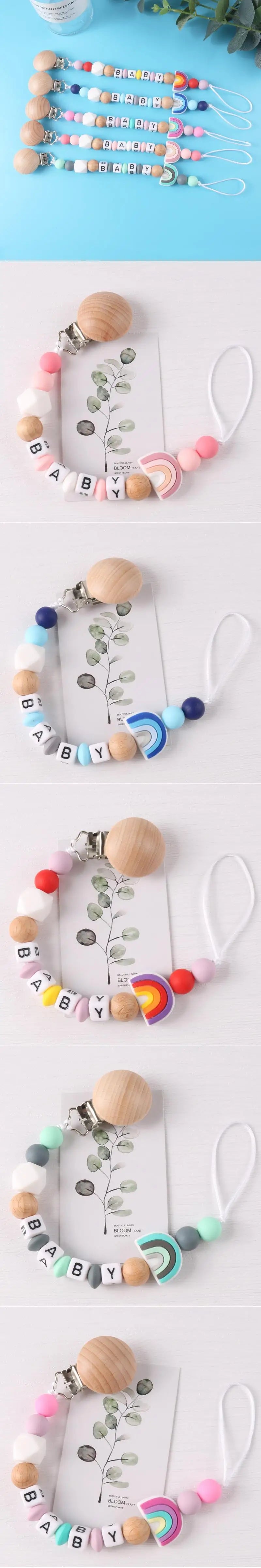 Custom Name Pacifier Holder Chain | Wooden Clip Silicone Teether | USA Australia