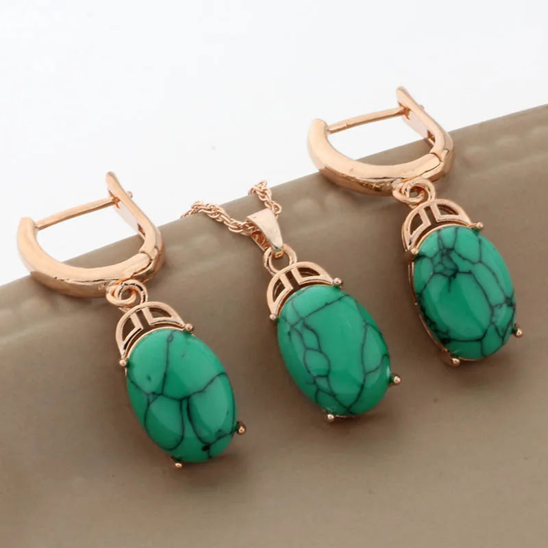 Luxury 585 Rose Gold Color Wedding Jewelry Sets Natural Stone Jewelry Set High Quality Dangle Earring Necklace Sets Gifts