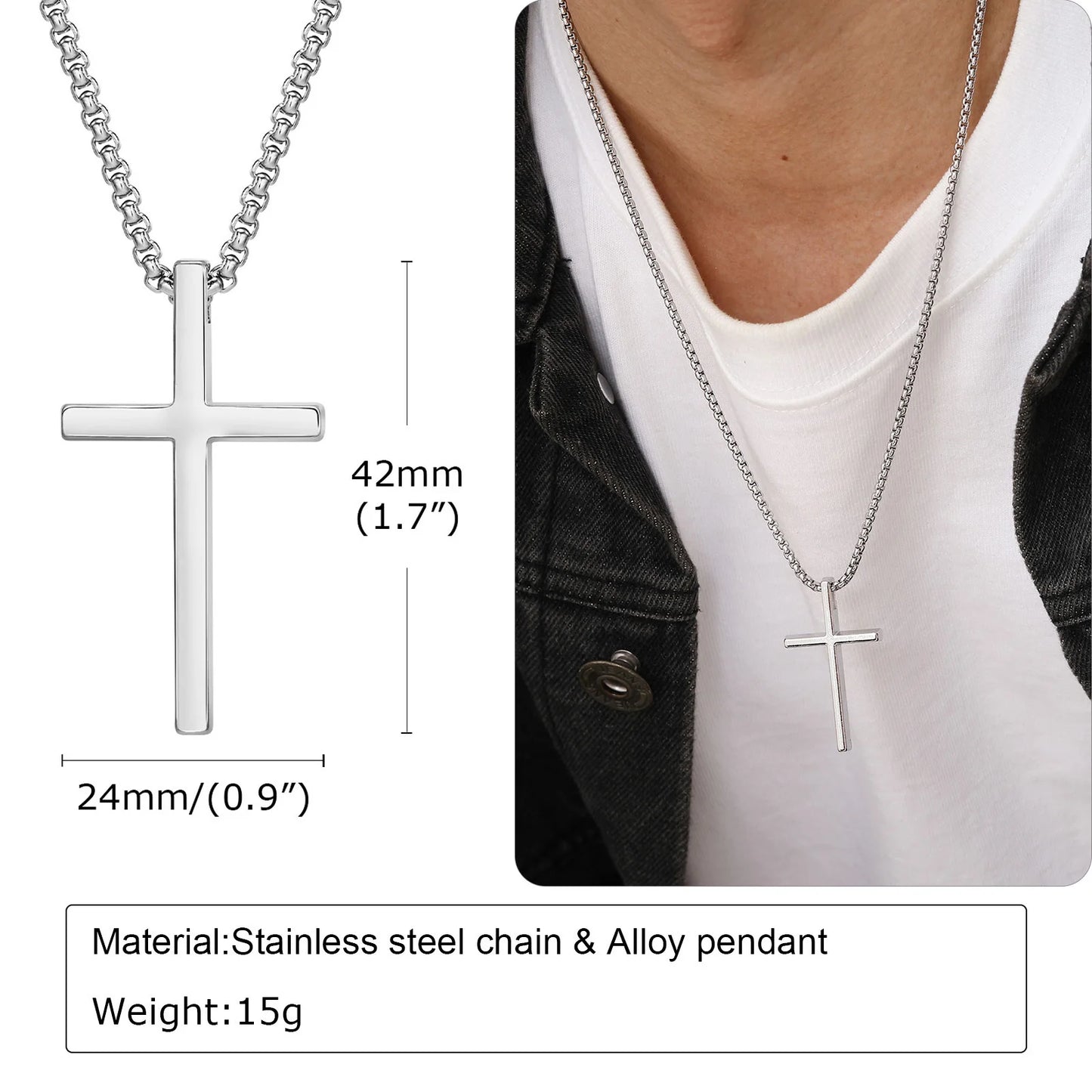 Stainless Steel Cross Necklace | Unisex Silver Pendant | Women Men | USA