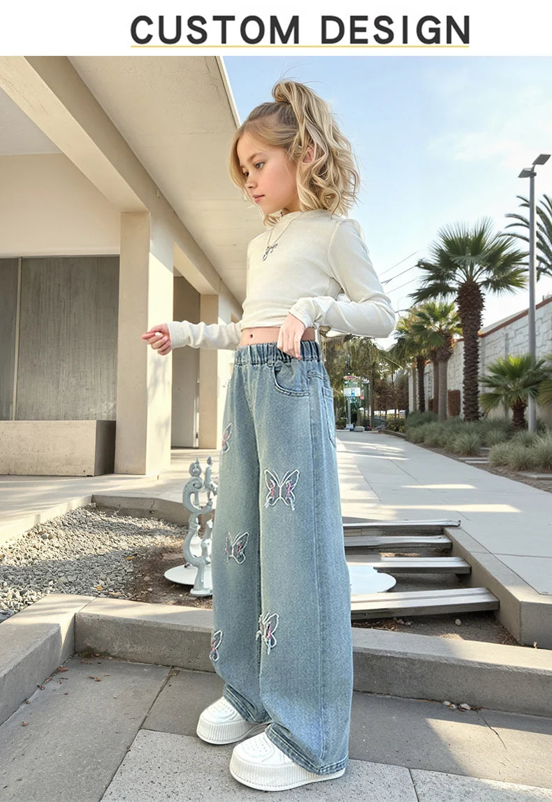 Girls Butterfly Ripped Jeans | Wide-Leg Pants Fashionable Slimming | Kids | USA