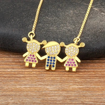Nidin Gold Plated Family Pendant Necklace | AAA CZ Crystal Kids Jewelry | USA