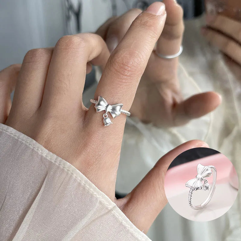 Sterling Silver Flower Bow Ring - Love Combination Adjustable Design