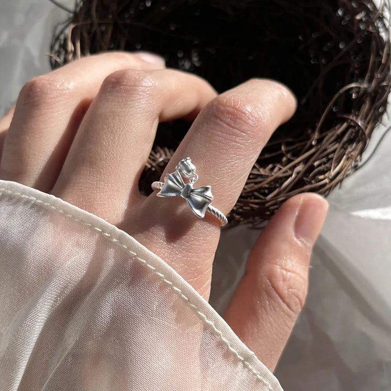 Sterling Silver Flower Bow Ring - Love Combination Adjustable Design