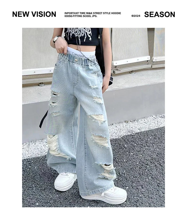 Kids Girls High Fashion Ripped Jeans | Destroyed Denim Pants | Ages 5-14 | USA