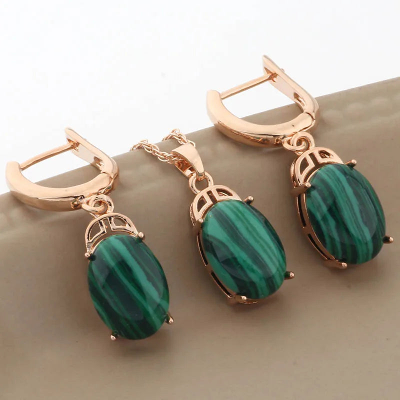 Luxury 585 Rose Gold Color Wedding Jewelry Sets Natural Stone Jewelry Set High Quality Dangle Earring Necklace Sets Gifts