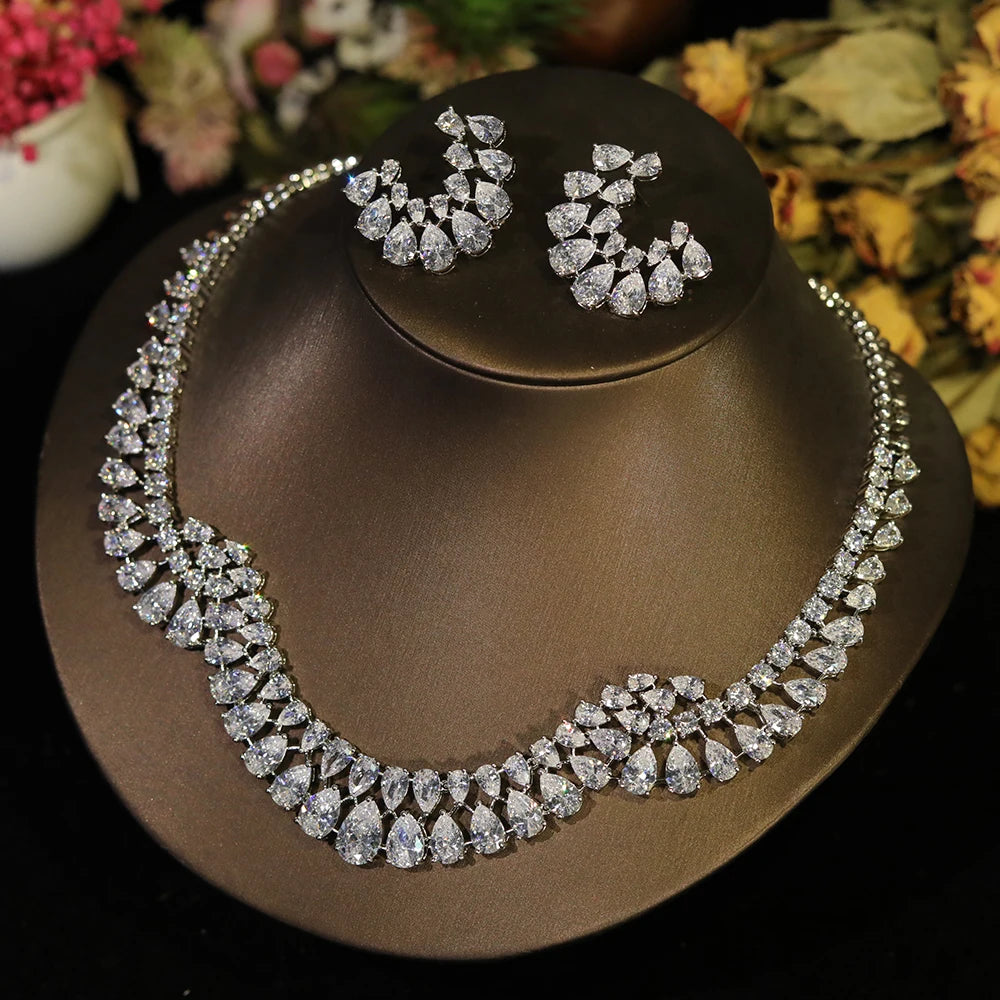 ASNORA Luxury Zircon Wedding Necklace Set | Geometric Design Bridal | USA Australia