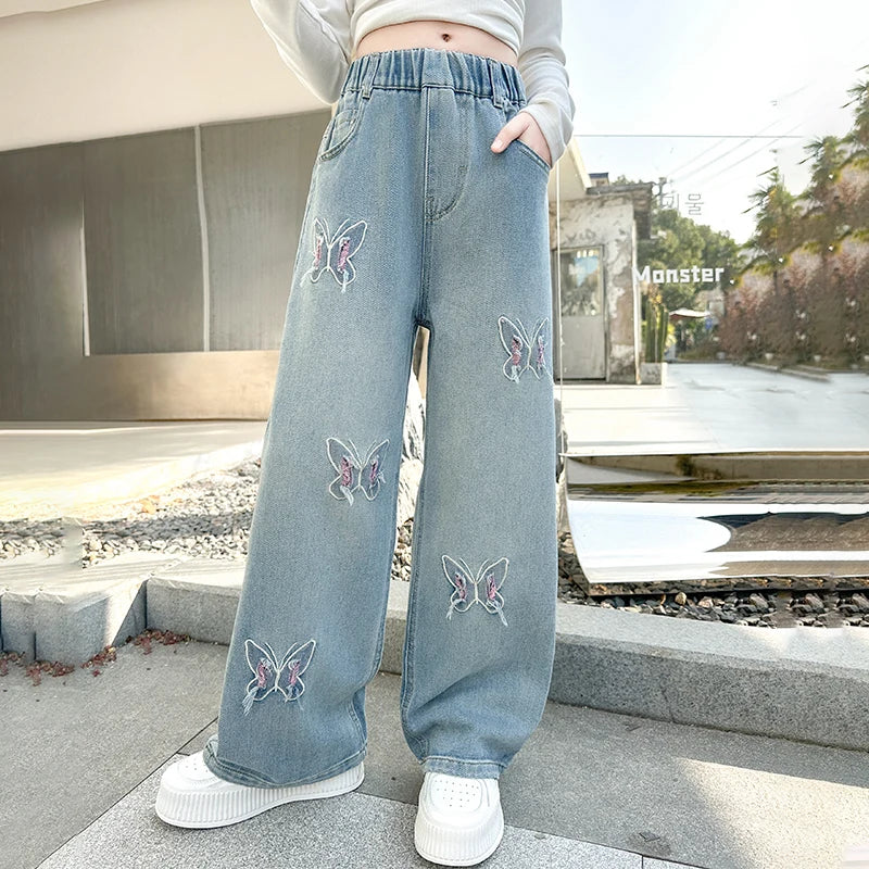 Girls Butterfly Ripped Jeans | Wide-Leg Pants Fashionable Slimming | Kids | USA