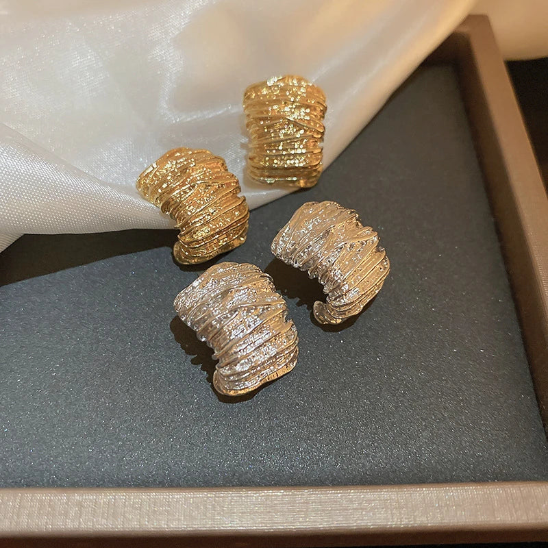 Retro C-Shaped Stud Earrings - Gold & Silver Geometric Set
