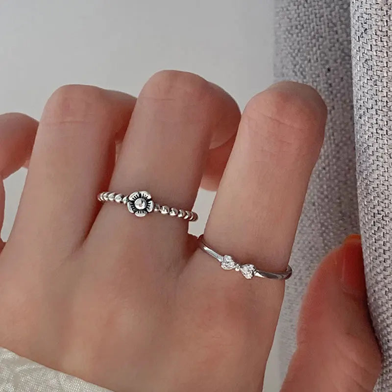 Sterling Silver Flower Bow Ring - Love Combination Adjustable Design