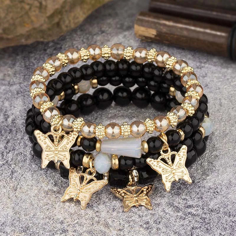 Butterfly Beaded Bracelet Set | 4 Piece Pink Bohemian Stack | USA Australia