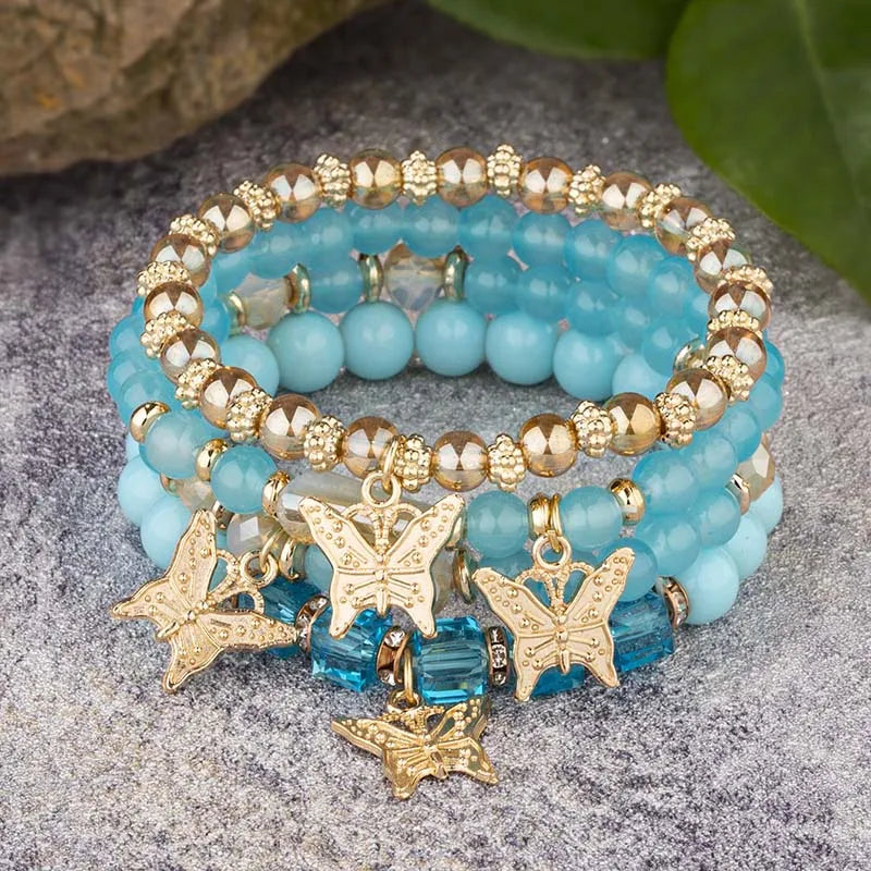 Butterfly Beaded Bracelet Set | 4 Piece Pink Bohemian Stack | USA Australia