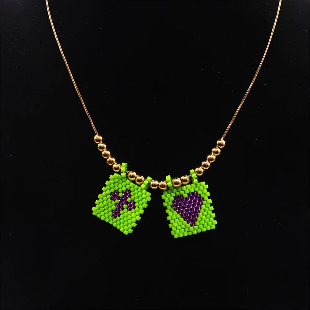 ZHONGVI Miyuki Heart Cross Pendant Necklace | Gold Plated Steel | Worldwide Shipping