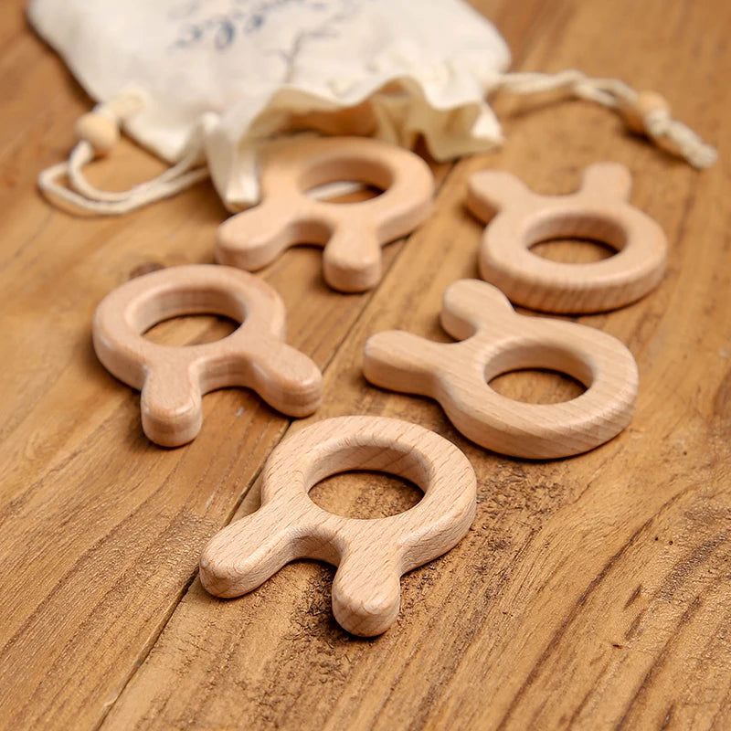 5-Pack Wooden Teether Set | BPA Free Animal Shapes | Hedgehog & Bird | USA