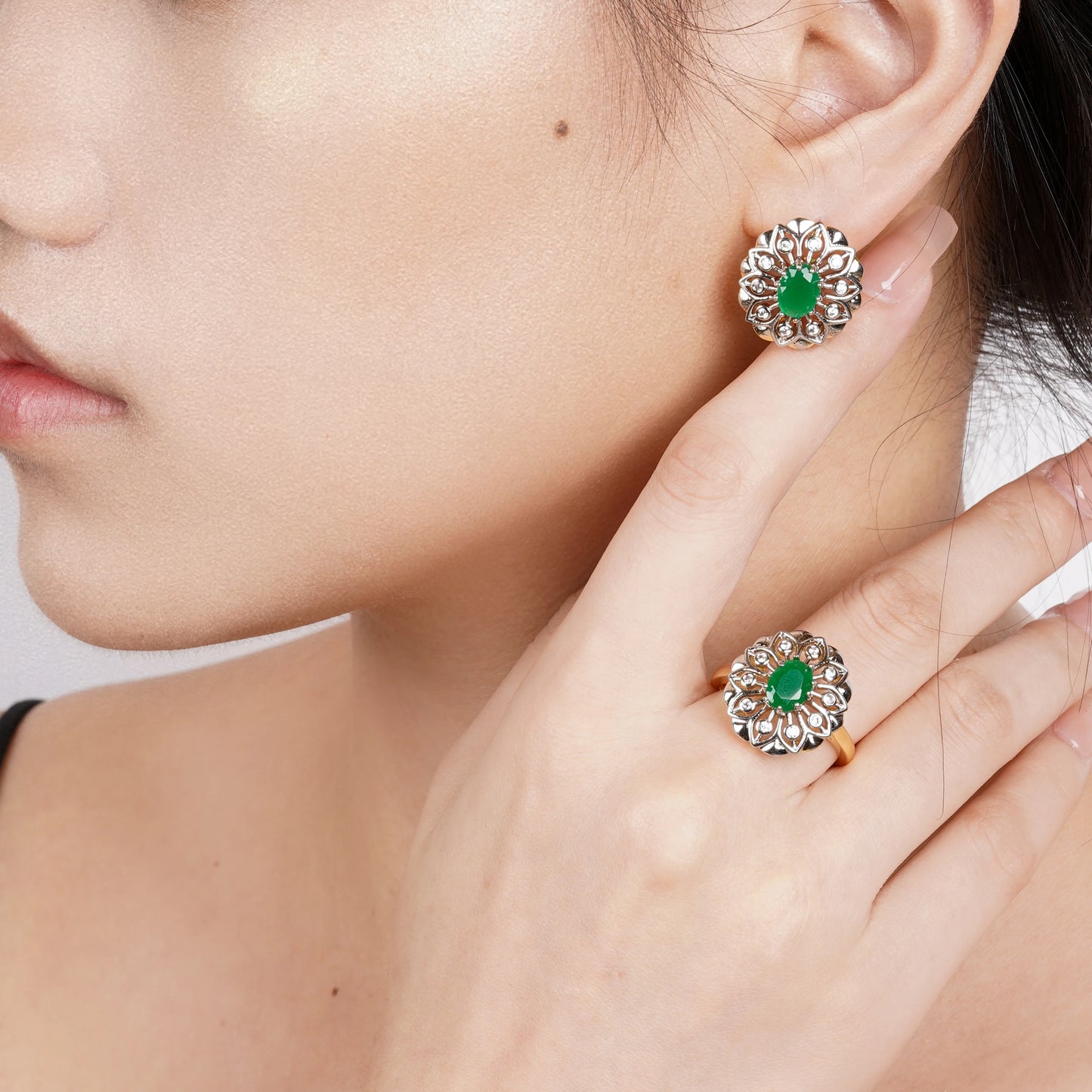 Floral Style Inlaid Main Green Zircon Fashion Jewelry Sets Women's Earrings Ring Copper plating 2 Color 14K Gold For Luxury Gift