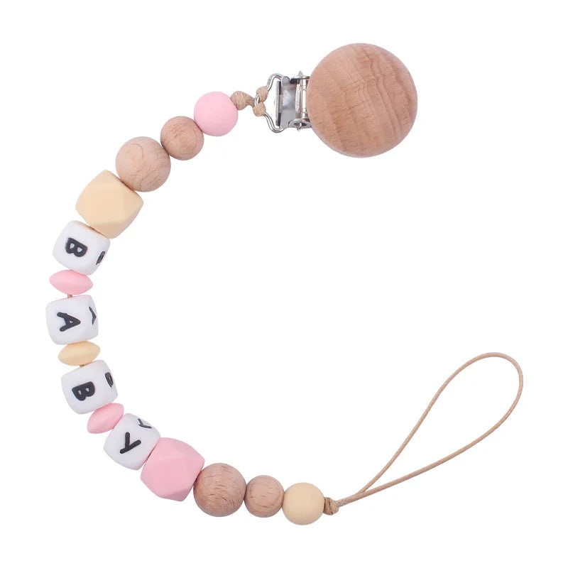 Custom Name Pacifier Holder Chain | Wooden Clip Silicone Teether | USA Australia