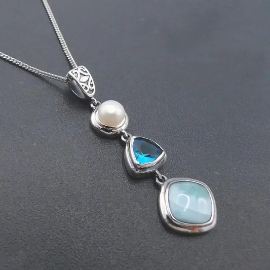 1 Pcs Silver Color Handmade Necklace Pendant Unique Beautiful Blue Natural Sea Pattern And Pearl Pendants Jewelry