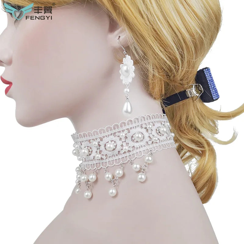 White Pearl Lace Necklace & Earrings Set | Lolita Fashion Accessories