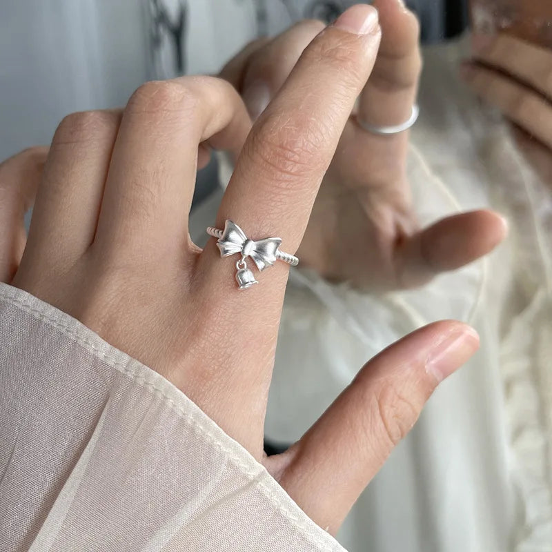 Sterling Silver Flower Bow Ring - Love Combination Adjustable Design