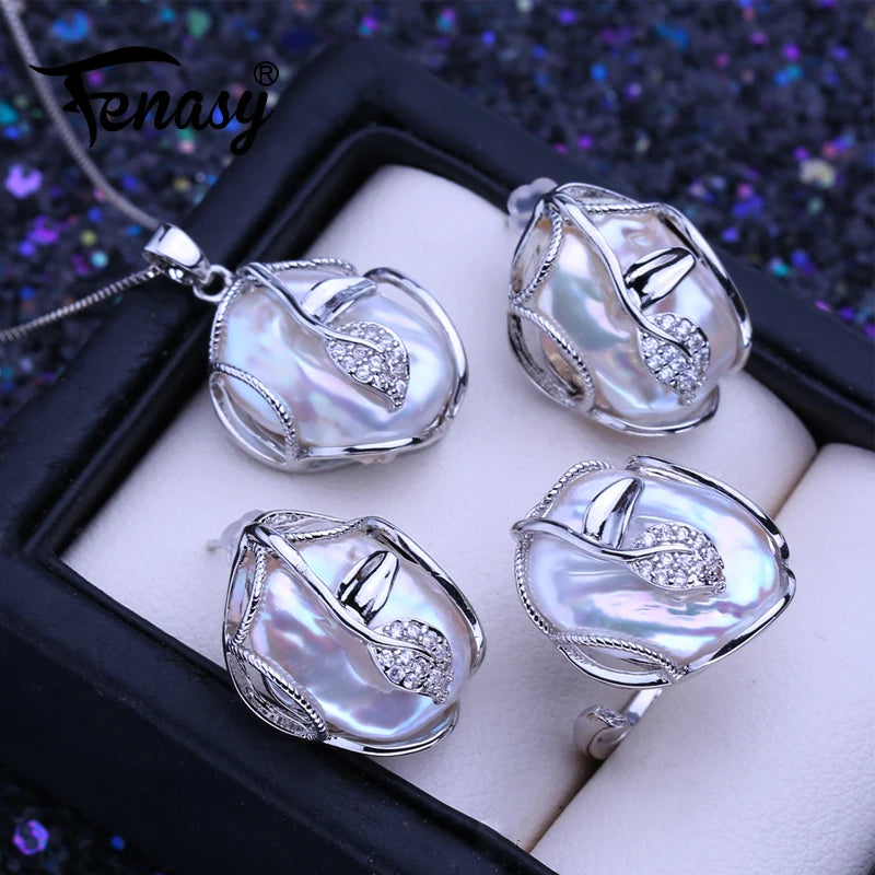 FENASY 925 Sterling Silver Jewelry Sets Big Baroque Natural Pearl Stud Earrings Custom Luxury Necklaces Rings For Women