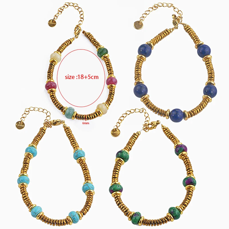 Natural Stone Beaded Bracelet | Colorful Bohemian Gold Chain | Women | USA