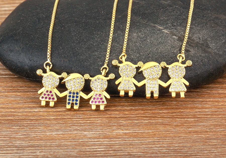 Nidin Gold Plated Family Pendant Necklace | AAA CZ Crystal Kids Jewelry | USA