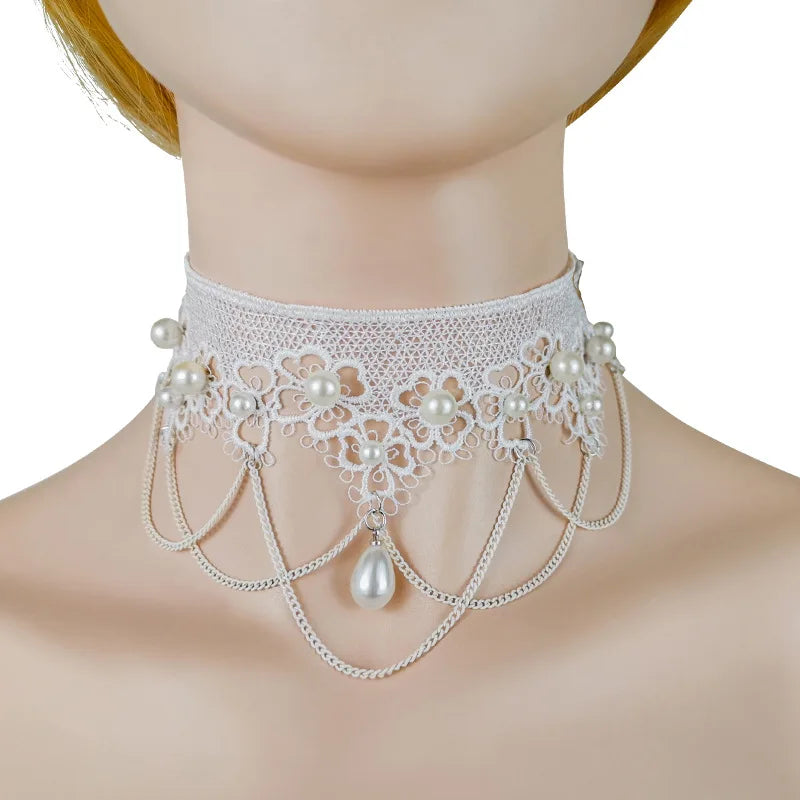 White Pearl Lace Necklace & Earrings Set | Lolita Fashion Accessories