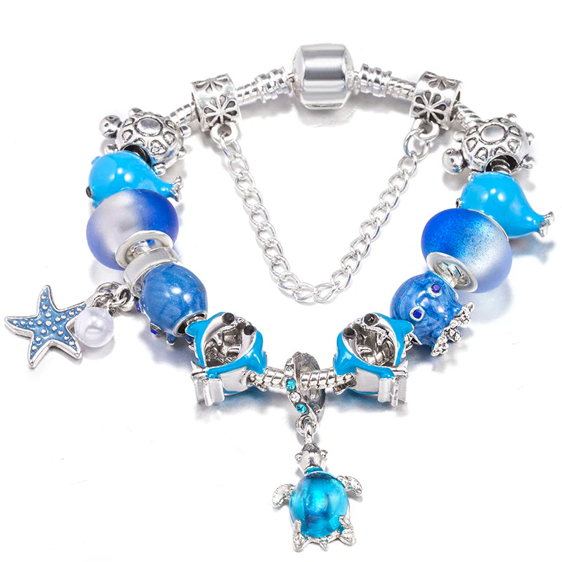 Blue Ocean Turtle Charm Bracelet | Starfish Dolphin Beads | Women Kids | USA