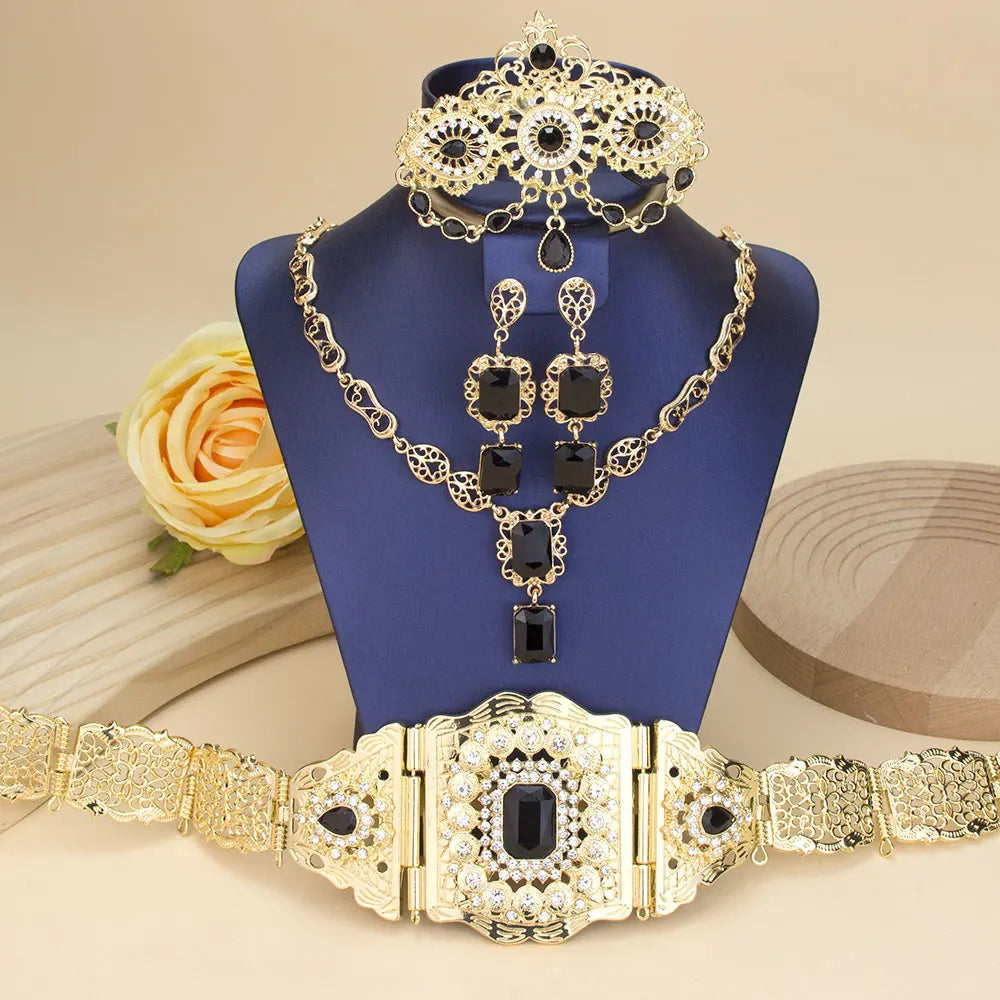 Sunspicems Gold Color Crystal Morocco Bride Jewelry Sets For Women Caftan Belt Waist Chain Charm Choker Necklace Square Earrings