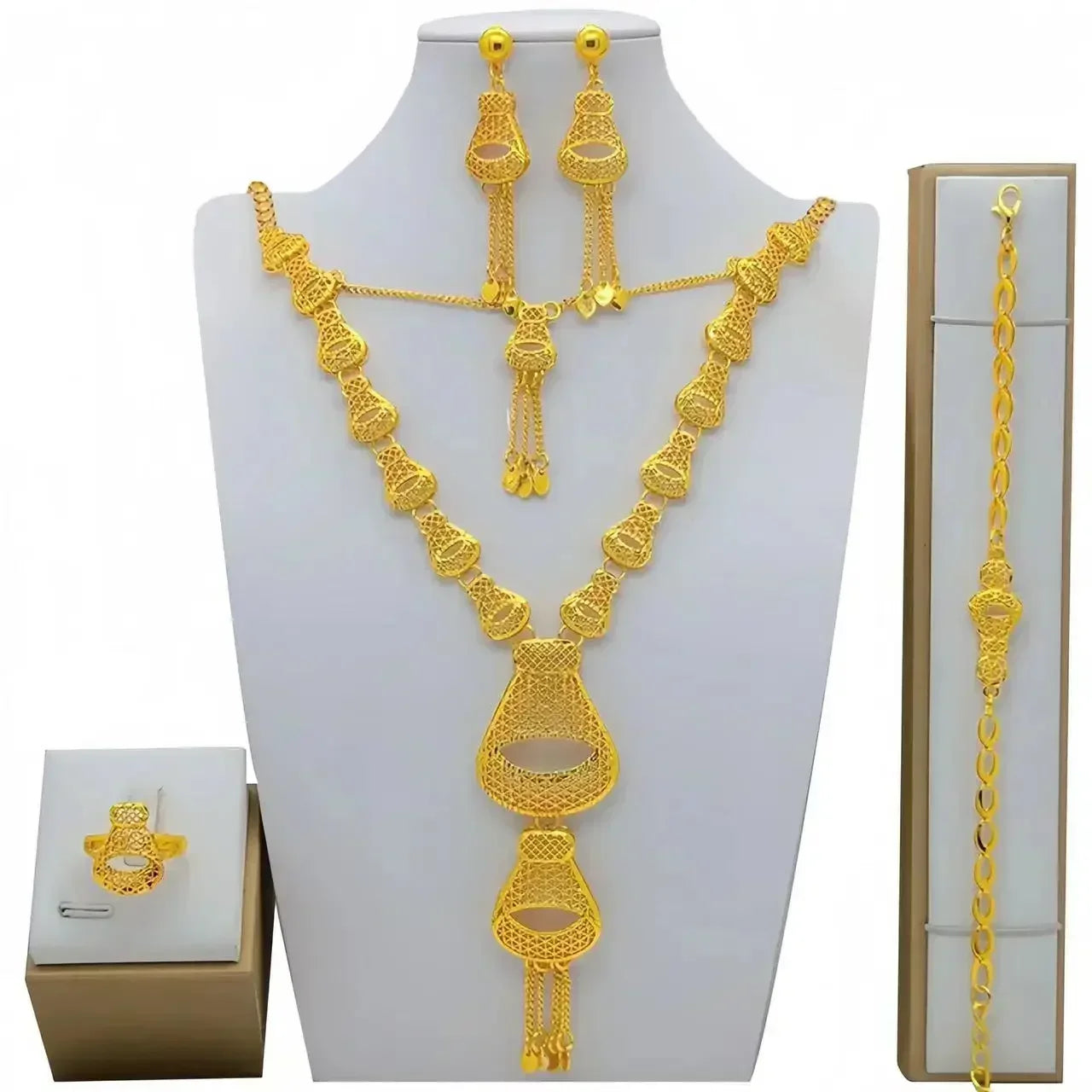Luxury Dubai Gold Wedding Jewelry Set | African Bridal Gift 4-Piece | USA Australia
