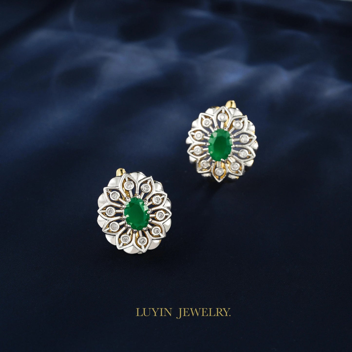 Floral Style Inlaid Main Green Zircon Fashion Jewelry Sets Women's Earrings Ring Copper plating 2 Color 14K Gold For Luxury Gift