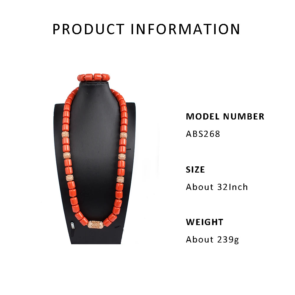 Original Nigerian Jewelry Sets for Men without Earrings,Orange Resin Beads,Chunky Choker Necklace,African Wedding Beads