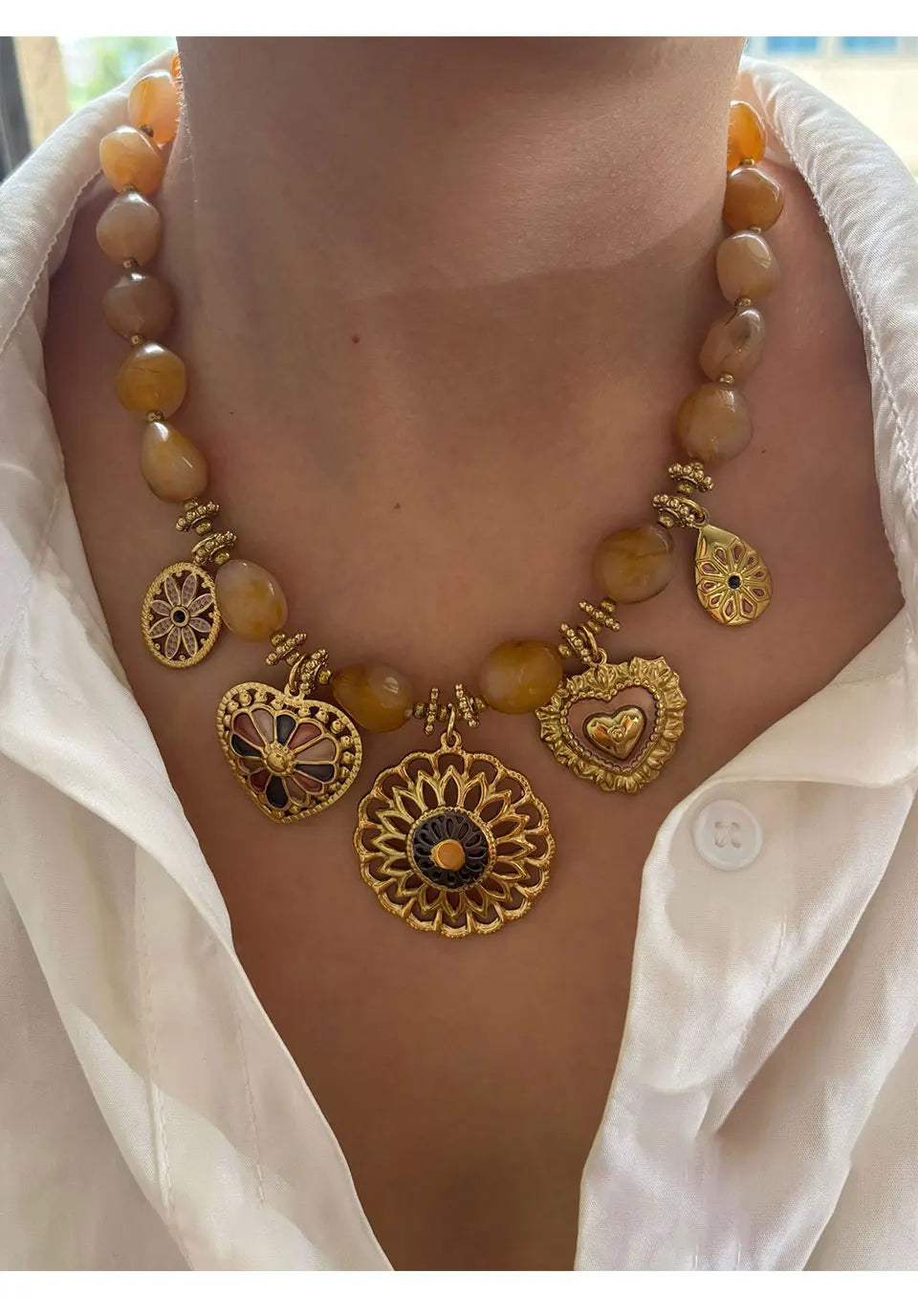 18K Gold Plated Heart Pendant Necklace | Resin Bead Chain | Women's Jewelry