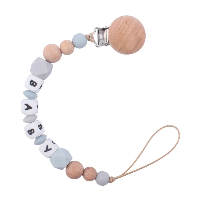 Custom Name Pacifier Holder Chain | Wooden Clip Silicone Teether | USA Australia